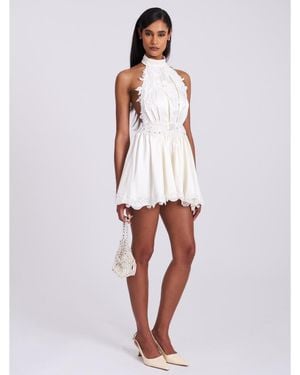 Miss Circle Idalia Beaded Lace Trim Backless Halter Mini Dress - White