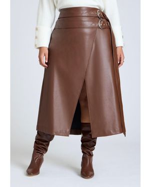Eloquii Double Belt Wrap Faux Leather Skirt - Brown