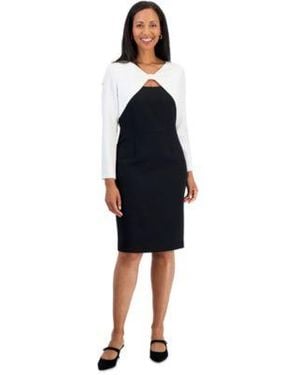 Kasper 3 4 Sleeve Twist Front V Neck Sheath Dress - Blue