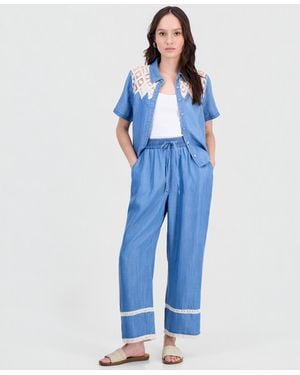 And Now This Petite Crochet-inset Chambray Drawstring Pants - Blue