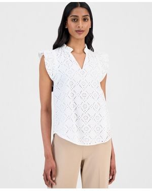 Anne Klein Cotton Eyelet Flutter-sleeve Top - White