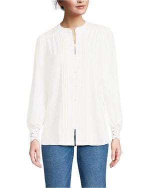 Lands' End Lightweight Jersey Long Sleeve Button Front Pintuck Top - White