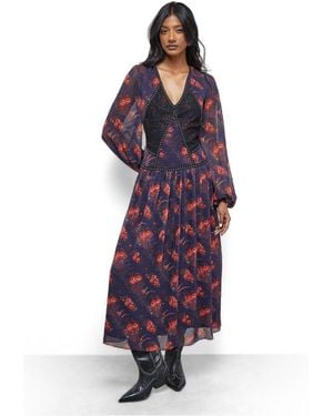 Warehouse Plunge Neck Pleated Maxi Dress - Purple