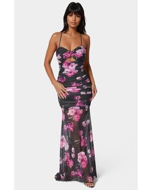 Bebe Twist Front Mermaid Mesh Gown - White