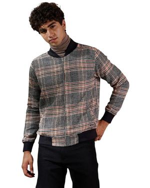 Campus Sutra Midnight Black & Chocolate Brown Tartan-plaid Bomber Jacket - Gray