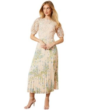 Oasis Floral Lace Bodice Pleated Midi Dress - Natural