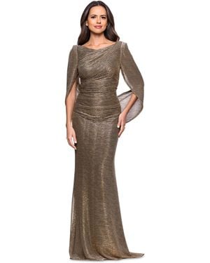 Betsy & Adam Petite Mother Of Bride Metallic-crinkle Long-sleeve Gown - Brown