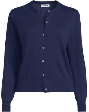 Lands' End Fine Gauge Cotton Crew Cardigan Sweater - Blue