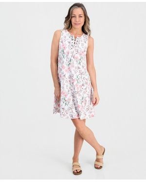 Style & Co. Petite Printed Knit Sleeveless Lace-up Dress - White