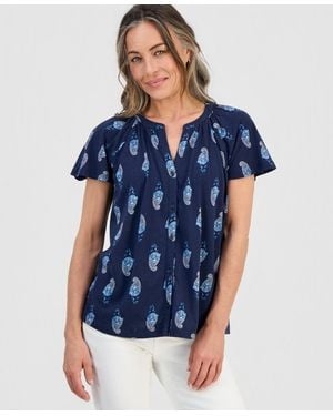 Style & Co. Petite Printed Button-front Short-sleeve Top - Blue