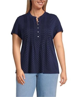 Lands' End Plus Size Lightweight Jersey Button Pintuck Top - Blue