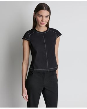 DKNY City Ponte Knit Cap-sleeve Crew Neck Top - Black