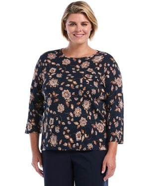 Rafaella Plus Size Floral-print 3/4-sleeve Cotton Blouse - Black