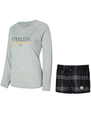 Concepts Sport Black/gray Pittsburgh Steelers Petition Raglan Long Sleeve T-shirt And Shorts Set - Blue