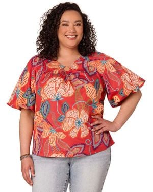 Democracy Plus Size Bubble Bell-sleeve Printed Top - Red