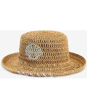 On 34th Icon Embroidered Crochet Straw Bucket Hat - Natural