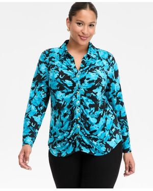 INC International Concepts Plus Size Printed Gathered Collared Shirt - Blue