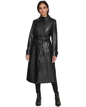 Calvin Klein Faux Leather Belted Trench Coat - Black