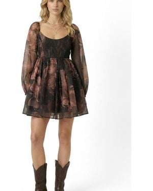 Modenaire Floral Organza Puff-sleeve Mini Dress - Black