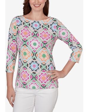 Ruby Rd. Petite Kaleidoscope Floral Boat Neck Knit Top - Gray