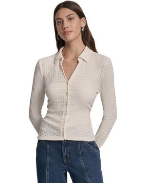 DKNY Textured Collared Button-front Blouse - Natural