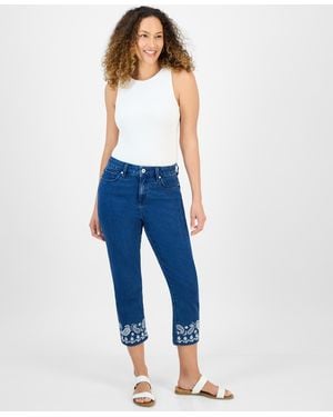 Style & Co. Petite Embroidered-hem Cropped Jeans - Blue
