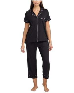BCBGMAXAZRIA Short Sleeve Notch Collar Top And Capri Pants Pajamas 2-piece Set - Blue