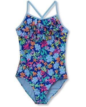 Lands' End Girls Child Chlorine Resistant X-back Ruffle One Piece Swimsuit - Blue
