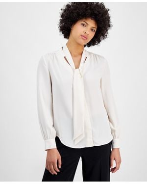 BarIII Tie-neck Long-sleeve Blouse - White