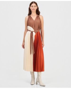 Tahari V-neck Pleated A-line Midi Dress - Red