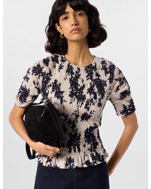 Whistles Smocked Floral Ruffle Hem Peplum Blouse - Black
