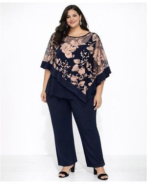 R & M Richards Plus Size Floral Embroidered Top And Pants - Blue