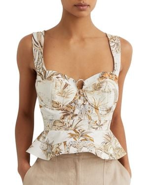 Reiss Rema Tropical-print Sweetheart Sleeveless Corset Peplum Top - Brown