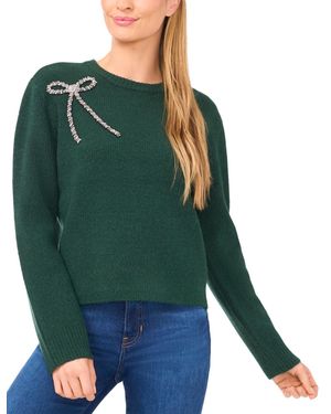 Cece Oversized Bow Applique Long Sleeves Sweater - Green