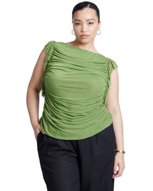 Eloquii Plus Size Shirred Mesh Top With Shoulder Flounces - Green