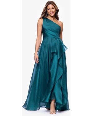 Xscape Metallic Draped One-shoulder Gown - Blue
