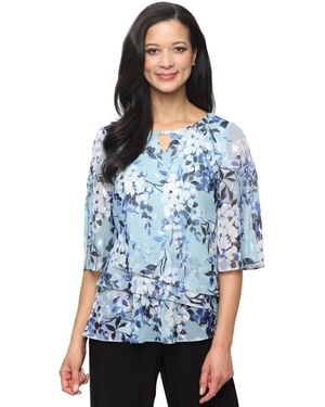 Alex Evenings Burnout Chiffon Keyhole Neck Blouse - Blue