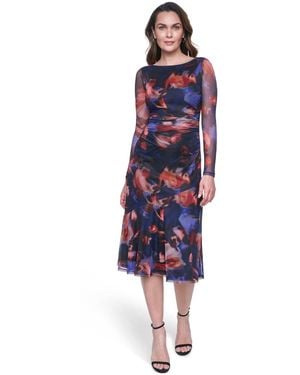 Vince Camuto Petite Long-sleeve Side Ruched Mesh Midi Dress - Blue