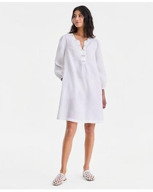 Charter Club 100% Linen Embellished Split-neck Dress - White