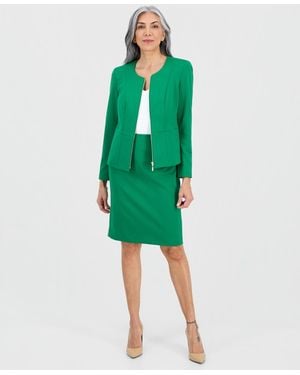 Le Suit Collarless Zip-front Ponte 2 Piece Skirt Suit - Green