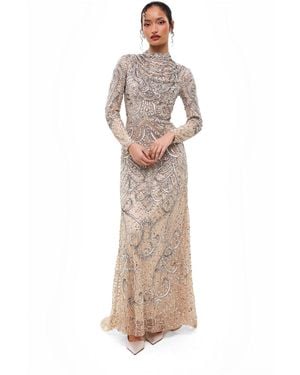 MARYISA Modest Cowl Embellished Sequins Maxi Dress - Natural