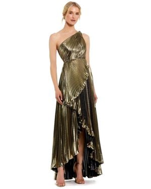 Mac Duggal Petite Pleated Metallic One Shoulder High Low Gown - Green
