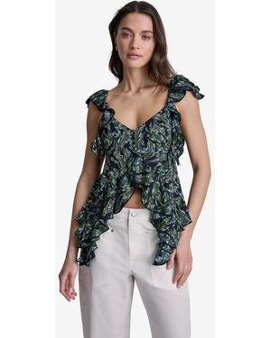 BCBGMAXAZRIA Floral Print Ruffled V-neck Top - Blue
