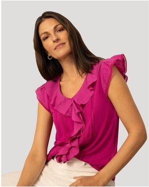 Cable & Gauge Voile Mix Ruffle Trim Top - Pink