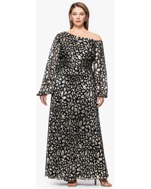 B & A by Betsy and Adam Plus Size Metallic Printed Long A-line Dress - Black