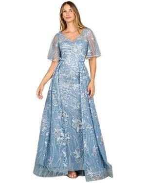Lara Overskirt Lace Fitted V-neck Gown - Blue