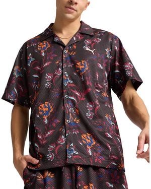 PUMA Relaxed-fit Floral Button-down Mesh Camp Shirt - Purple
