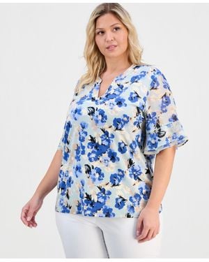Anne Klein Essentials Plus Size Split-neck Ruffle-cuff Top - Blue