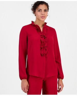 BarIII Ruffle-front Long-sleeve V-neck Blouse - Red