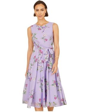 Yumi' Floral Print Midi Skater Dress - Purple